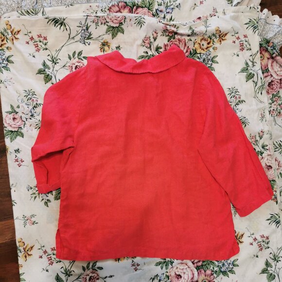 Mosaic USA 100% Linen red Frock Pocket Asymmetrical Neck Top L Lagenlook 0292 - Picture 5 of 5